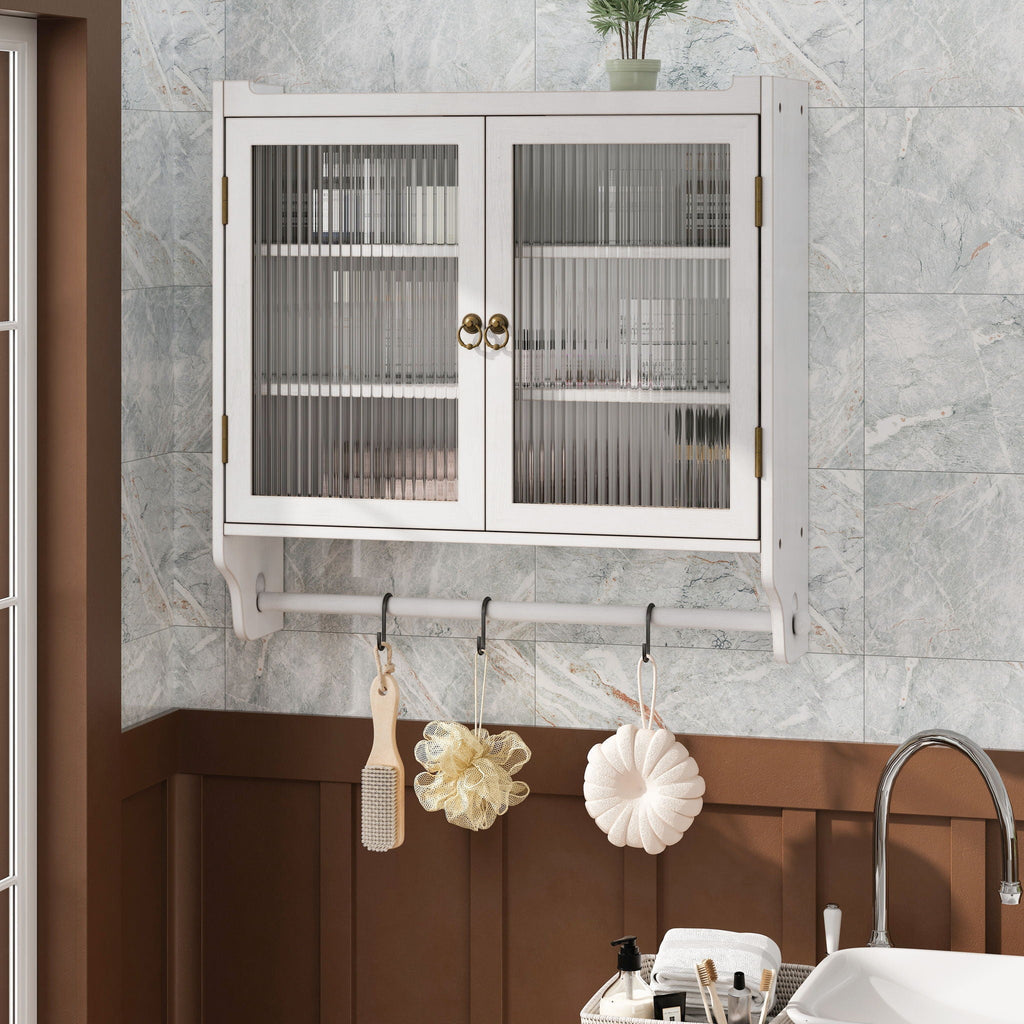 Vintage Double Door Wall Cabinet With Three Tiers Storage And Towel Rack - White Washed