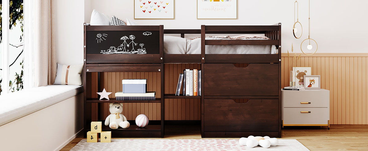 Low Loft Bed With Rolling Desk, Shelf And Drawers