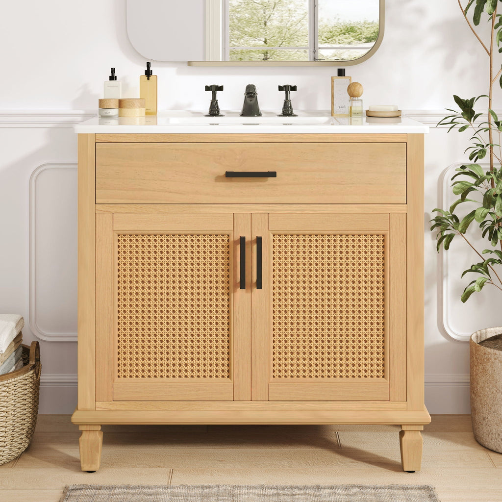 Bathroom Vanity With Ceramic Sink, Modern Free Standing Cabinet With Soft Close Drawers
