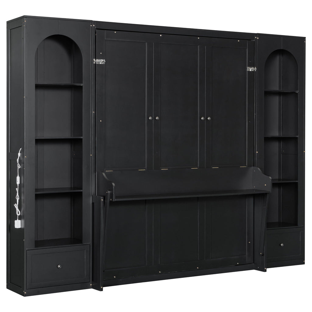 French Style Murphy Platform Bed With Shelf, Side Cabinets, Drawers And LED