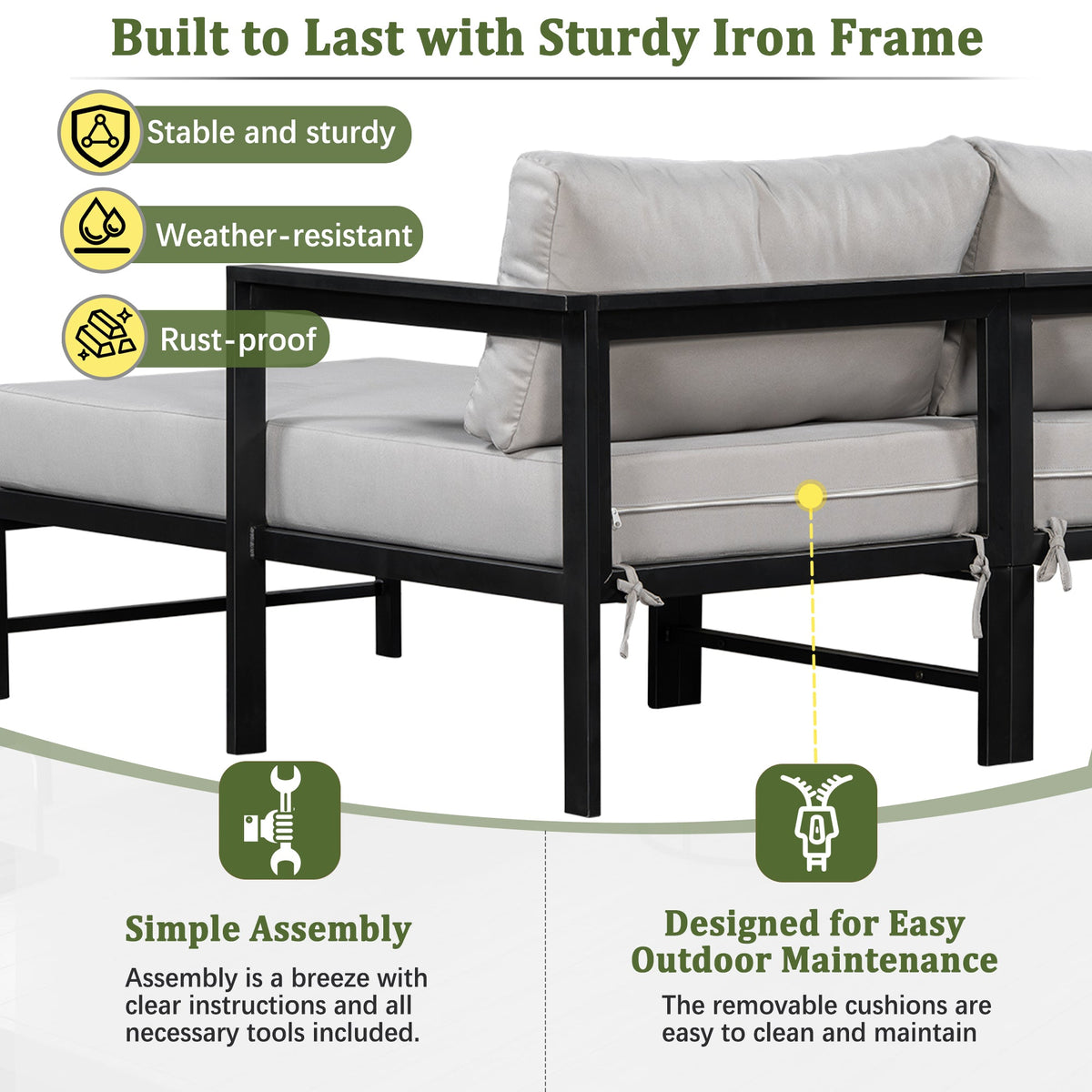 U_style Outdoor L-Shaped Sofa with Iron Frame and Ultra-Thick Cushions