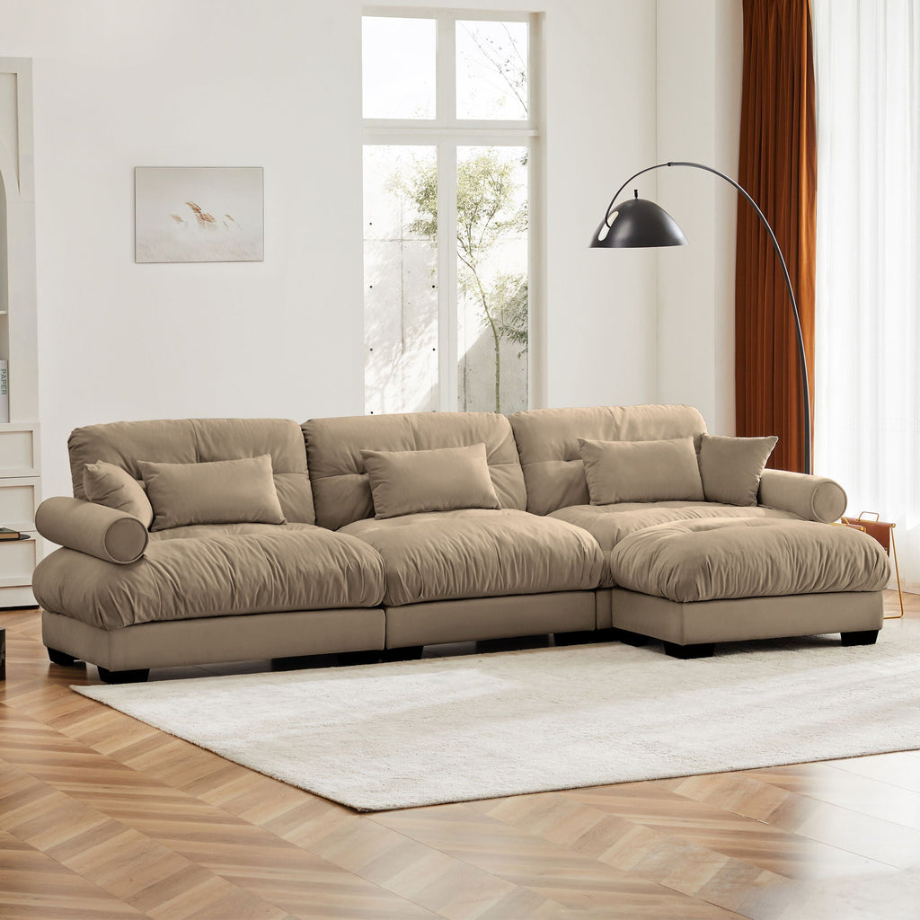 Modern Sectional Sofa With Ottoman, Round Bolster Armrests, Waist And Throw Pillows