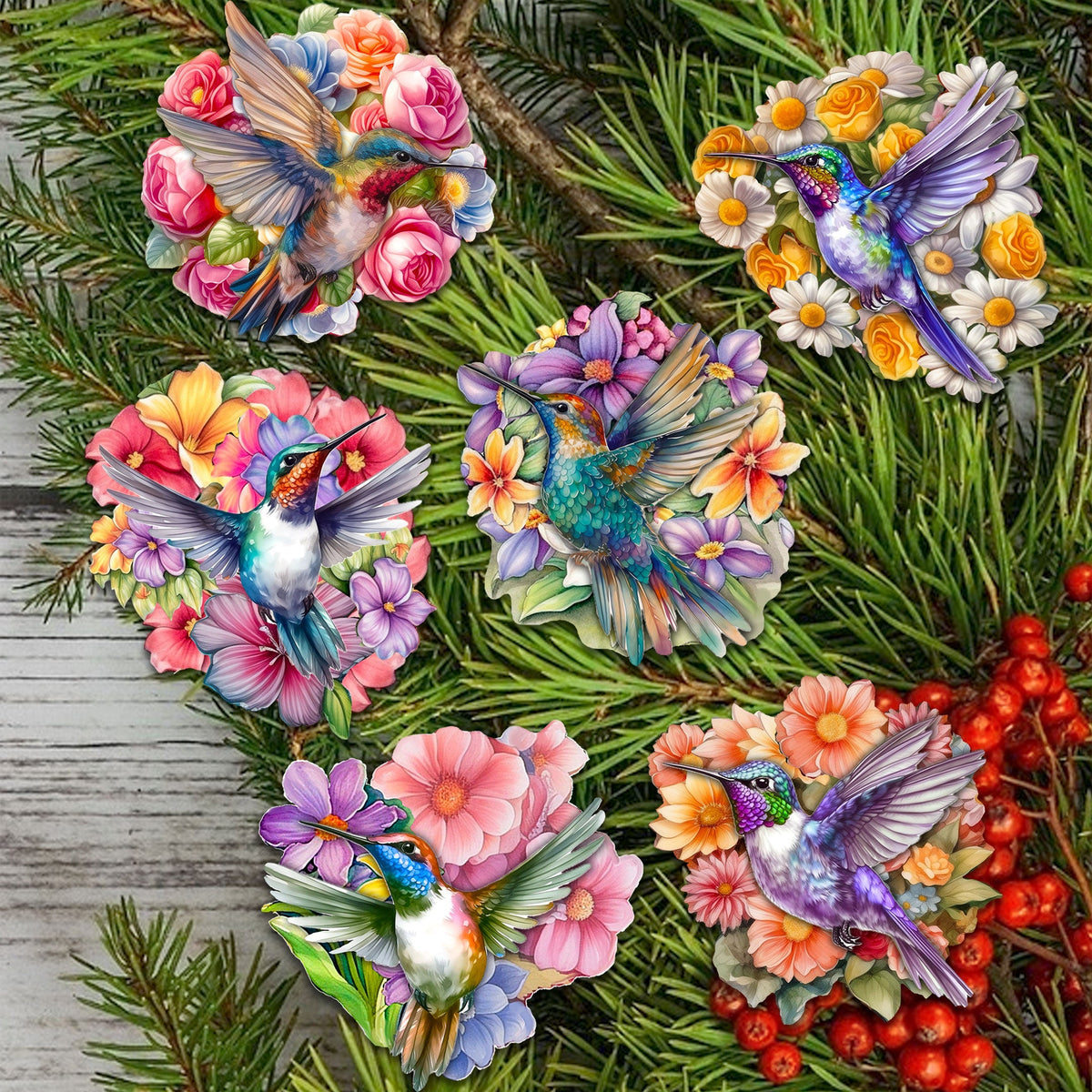 Hummingbirds Clip-On Eco Wood Decorative Ornaments Set of 6 by G. Debrekht - Easter Spring Decor - 8090140C-S6