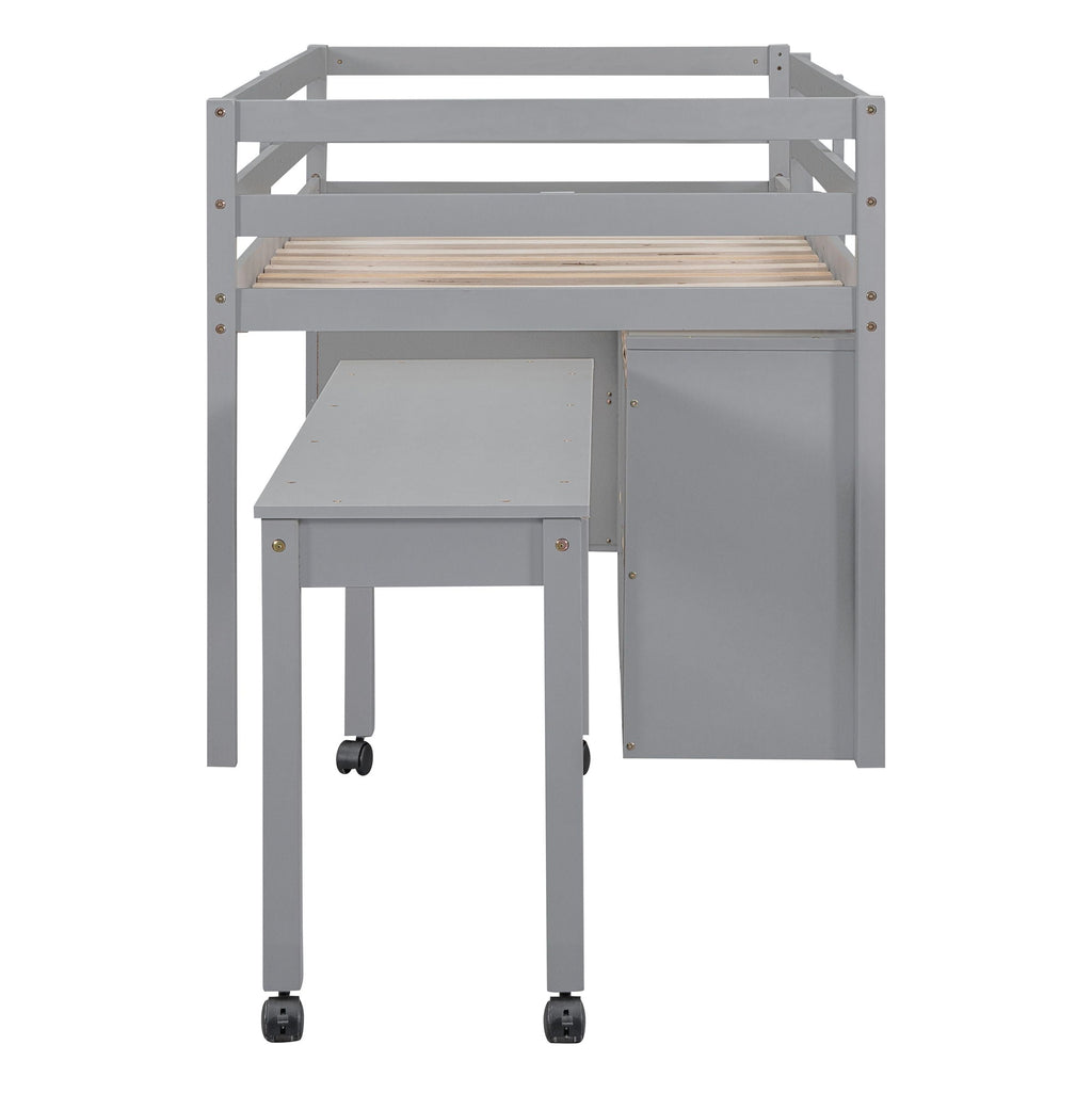Loft Bed With Retractable Writing Desk And 4 Drawers, With Lateral Portable Desk And Shelves