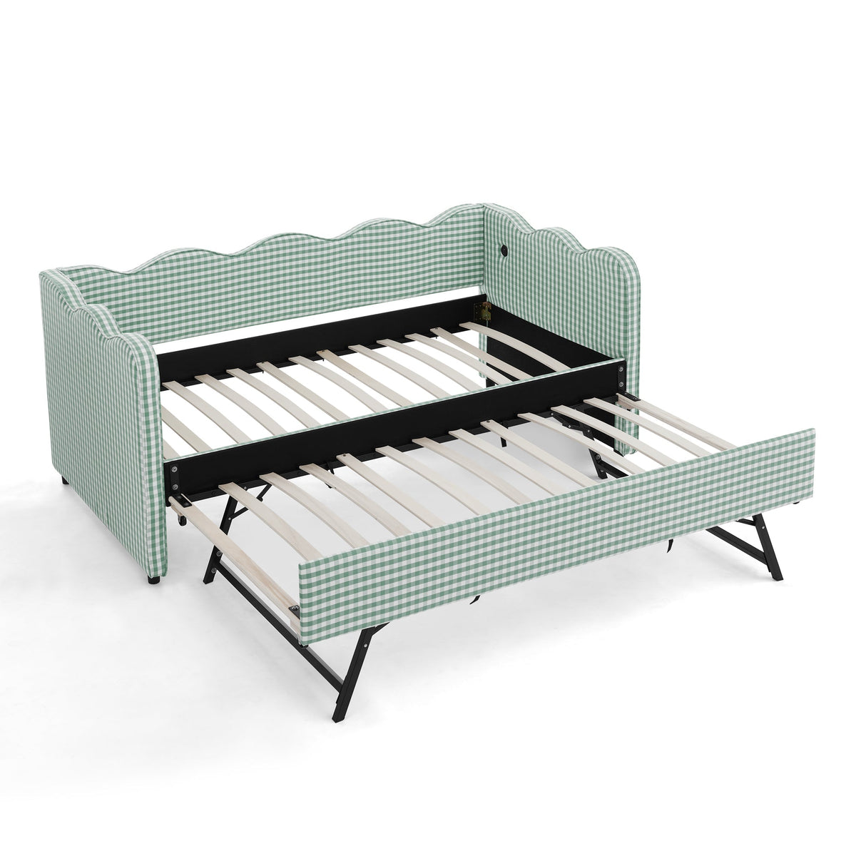 Cozy Gingham Daybed with Trundle Twin Size Sofa Bed No Box Spring Needed