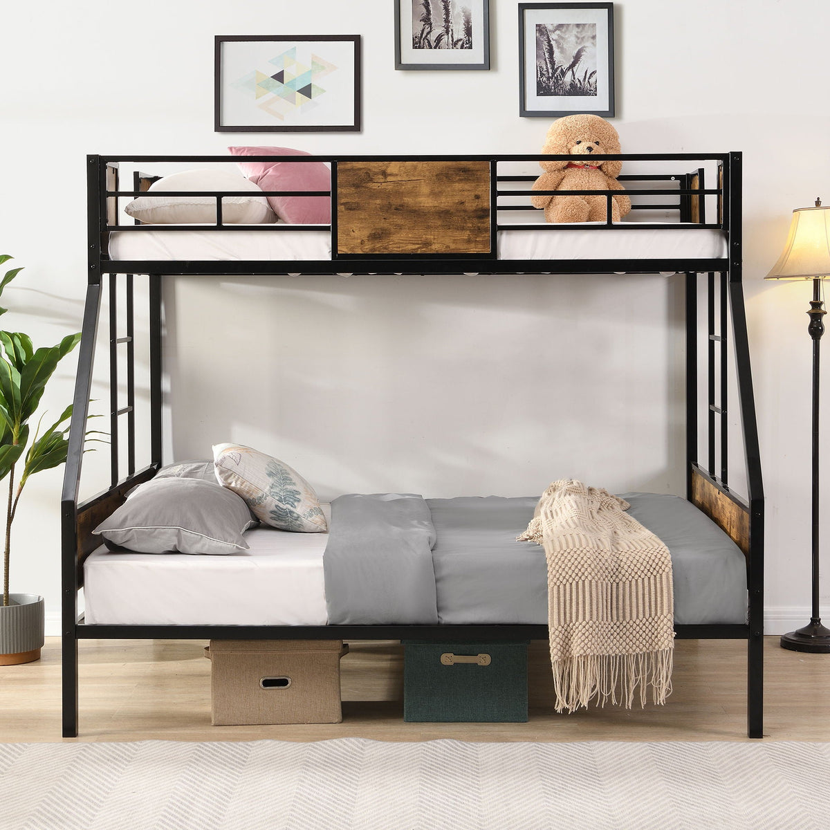Modern Metal Bunk Bed With Side Ladders And Guardrail