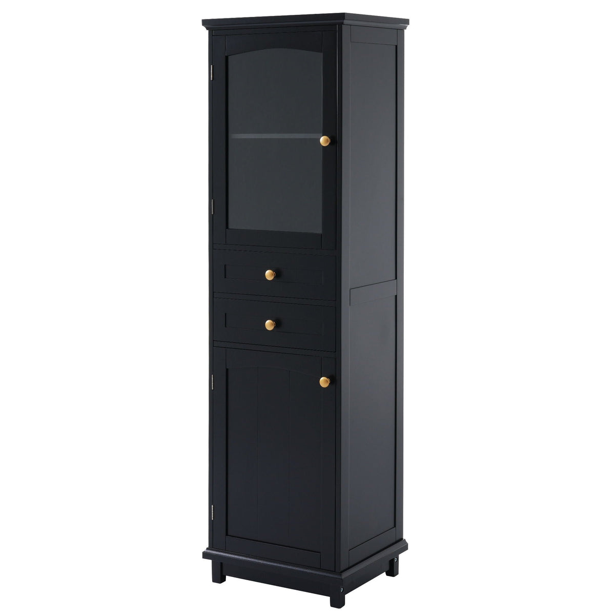 Tall Bathroom Storage Cabinet With Glass Doors, Free-Standing, Two Drawers, And Adjustable Shelves, Board, Painted Perfect For Displaying Your Favorite Items