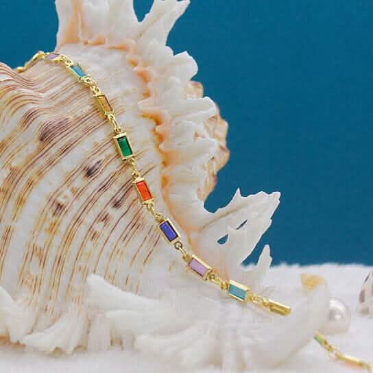 18k Gold Filled High Polish Finish Gold And Multi Color Dark Crystal Baguette Anklet