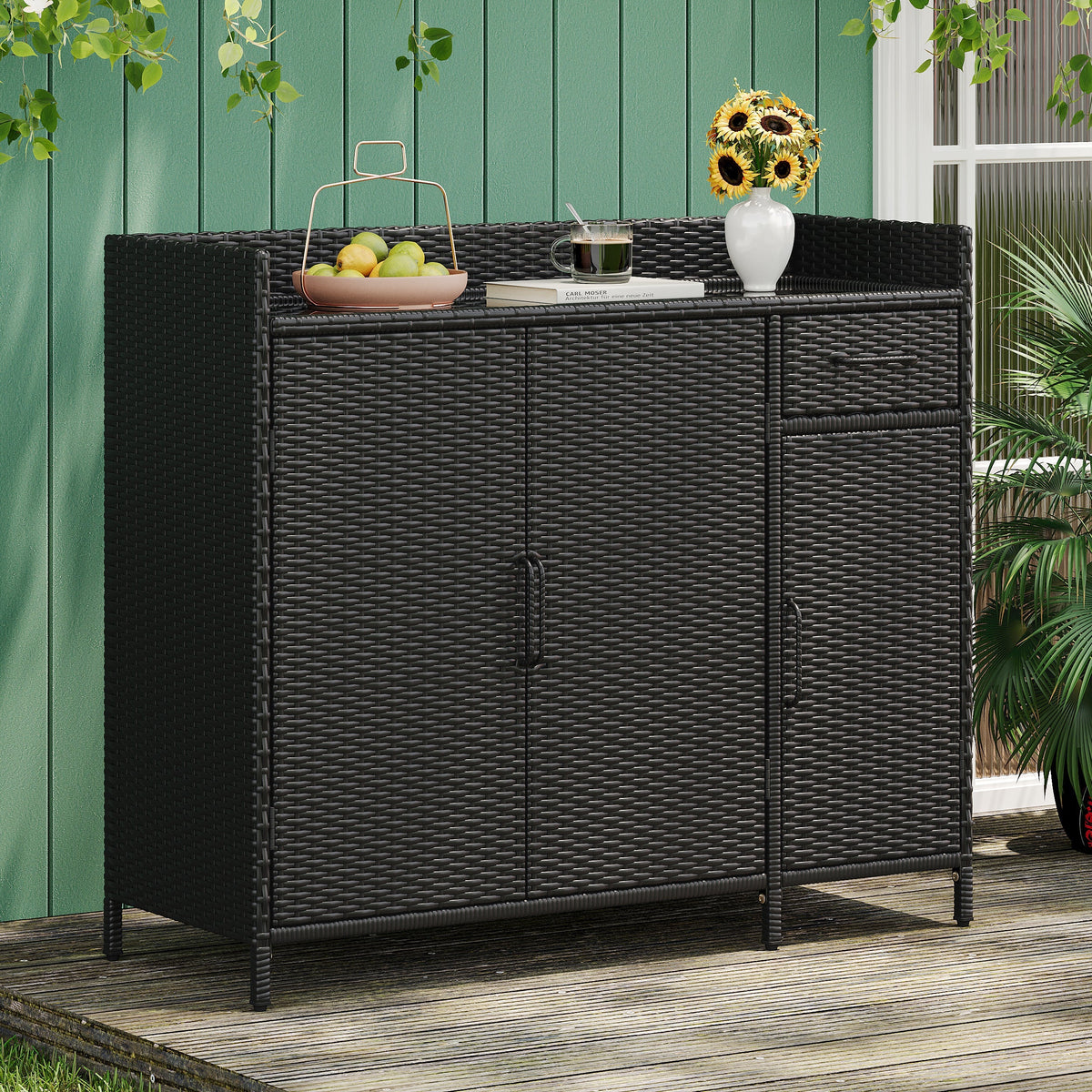 K&K 47.5"W Wicker Outdoor Storage Cabinet with Tempered Glass Top
