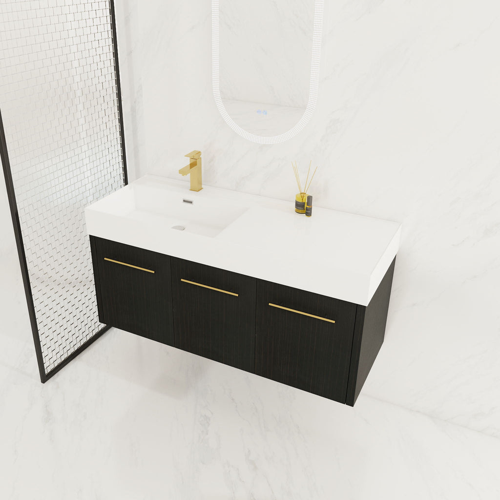 Contemporary 48" Wall Mounted Bathroom Vanity With Resin Sink And Soft Closing Doors And Line - Black Chestnut
