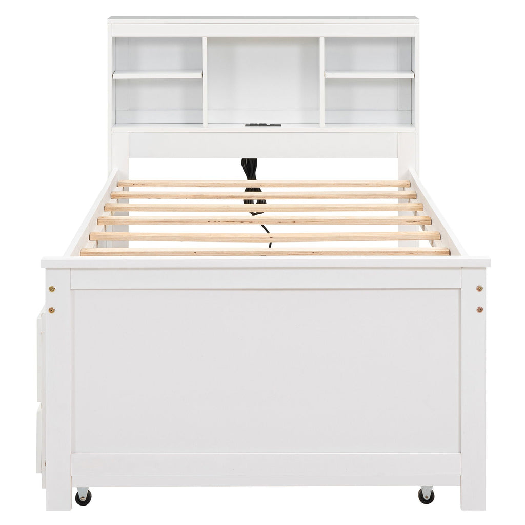 Platform Bed With Storage Headboard, USB, Trundle And 3 Drawers