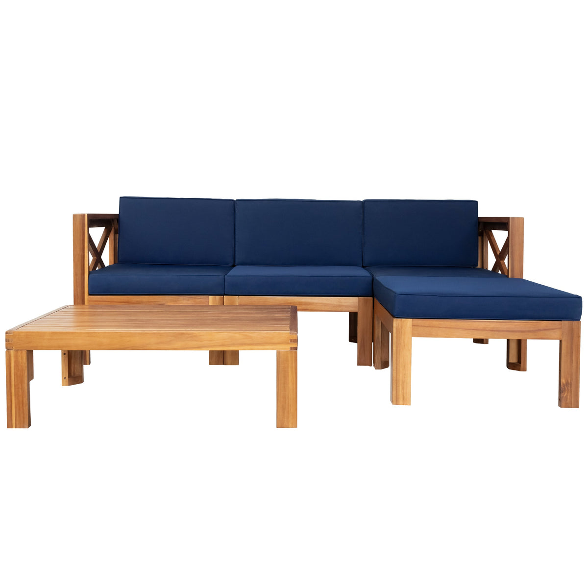 TOPMAX Outdoor 5-Piece Wood Sectional Patio Sofa Set with Blue Cushions