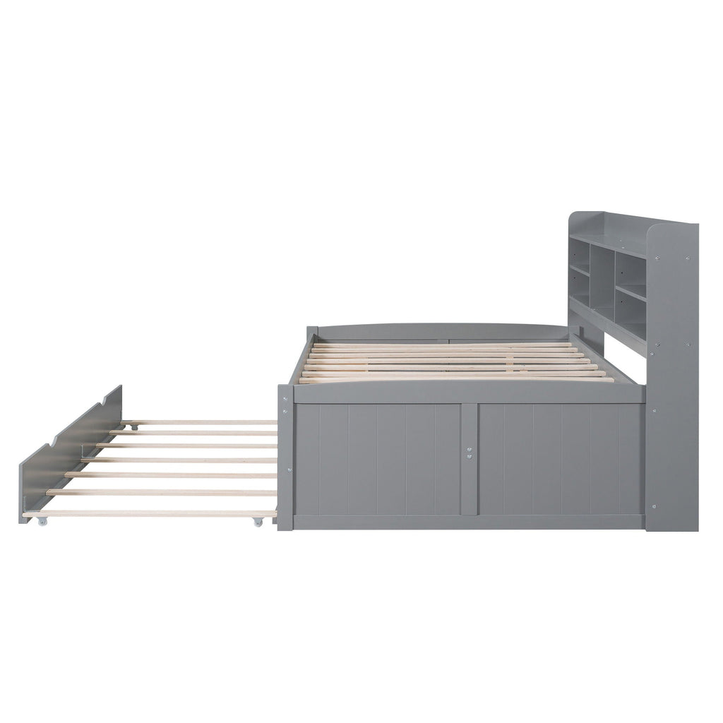 Captain Bed With Built In Bookshelves, 3 Storage Drawers, And Trundle