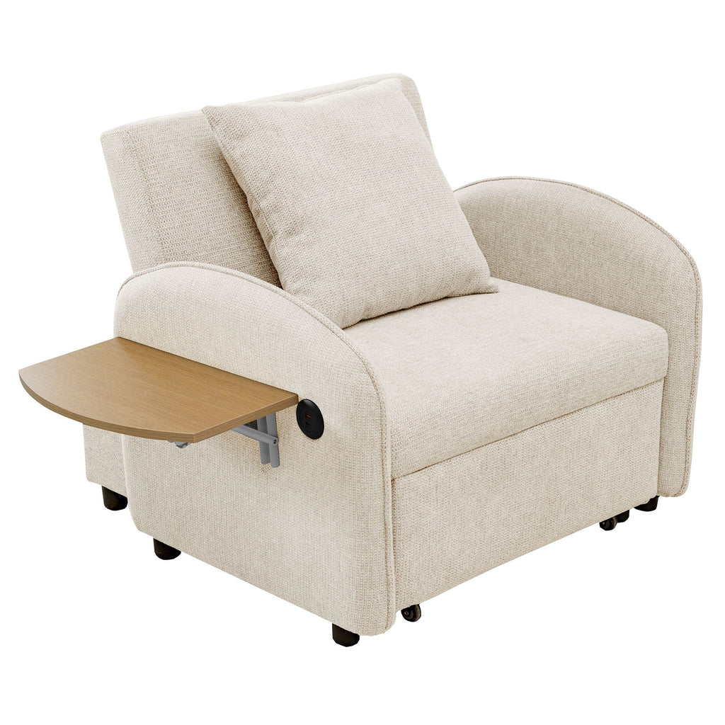 Convertible Single Chair Bed With Computer Board And USB Ports, 3 In 1 Sofa Bed - Beige