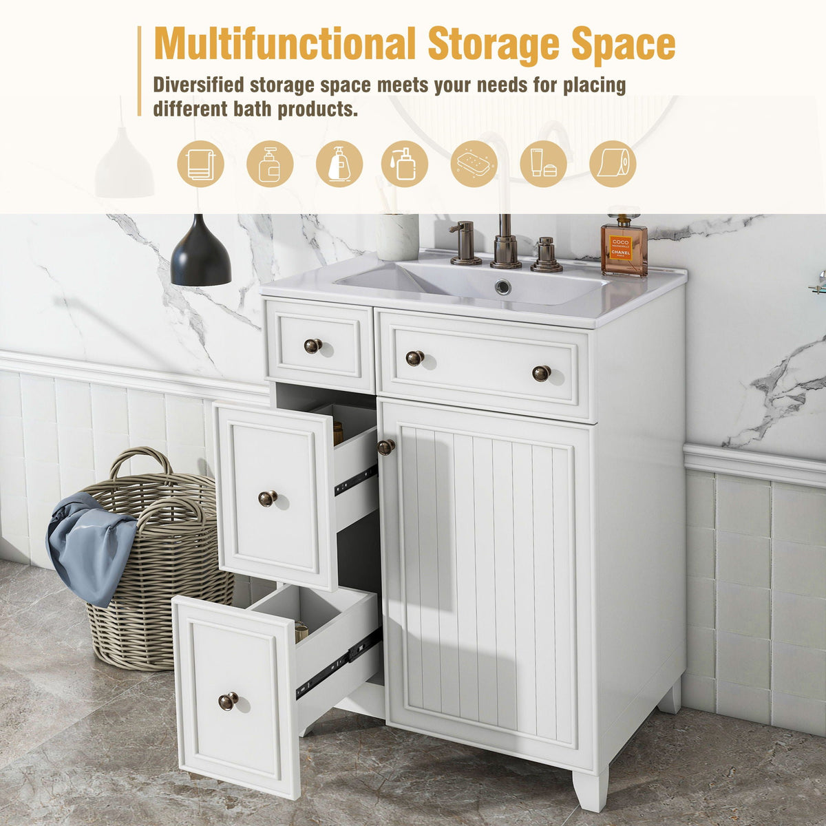 Transitional Style Bathroom Vanity Cabinet With Ceramic Sink