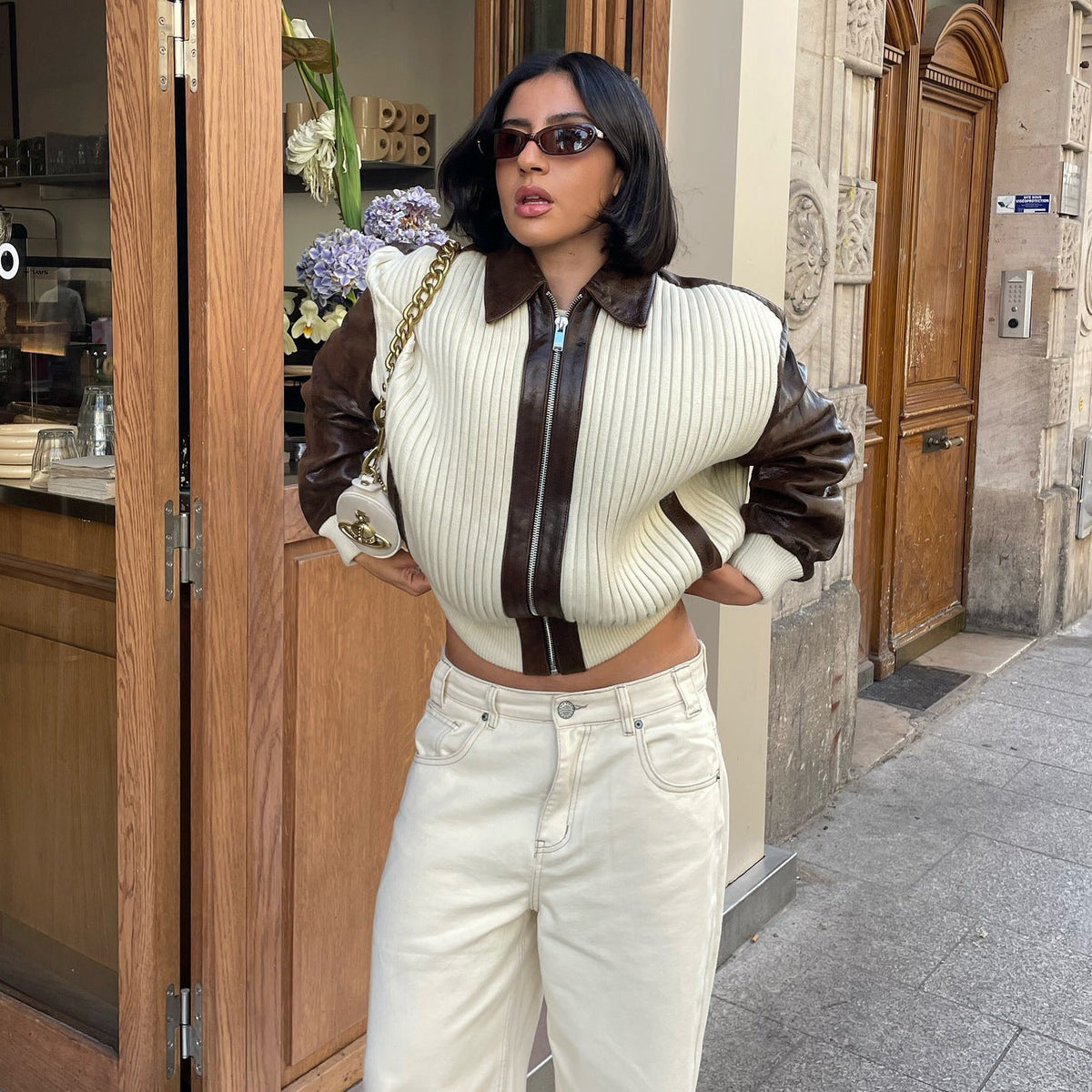 Fashionable Chic Knit-and-leather Patchwork Jacket