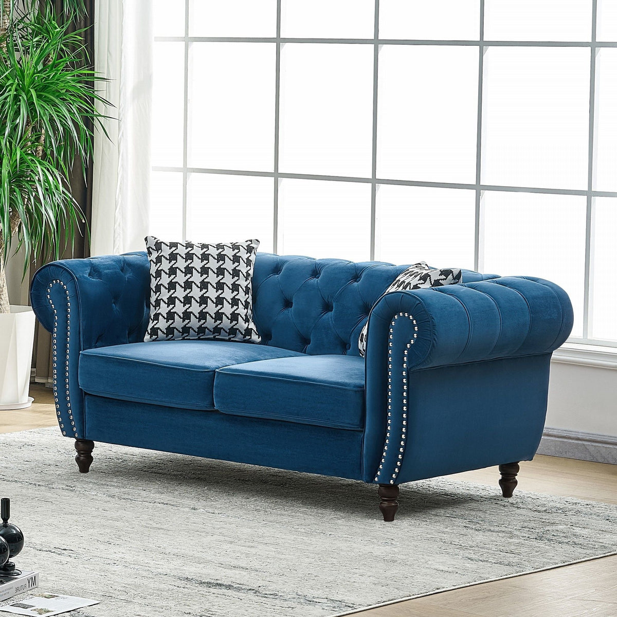 Chesterfield Fabric Sofa With Roll Armrest And Nailhead, Mid Century 2 Seater Couch In