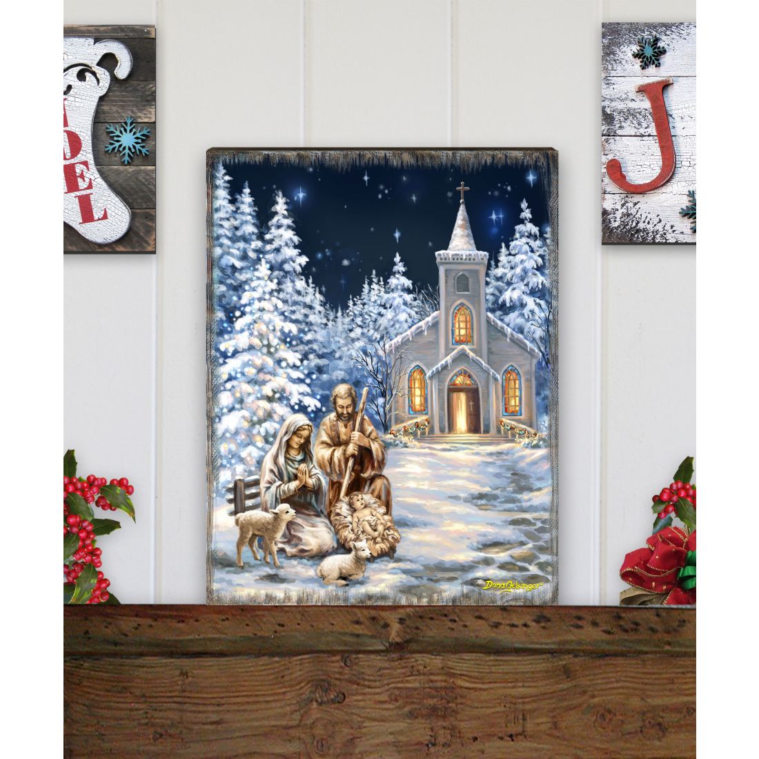 Nativity at the Chapel Night Sky Wooden Wall Art by D. Gelsinger - Nativity Holiday Decor - 95672B-DG