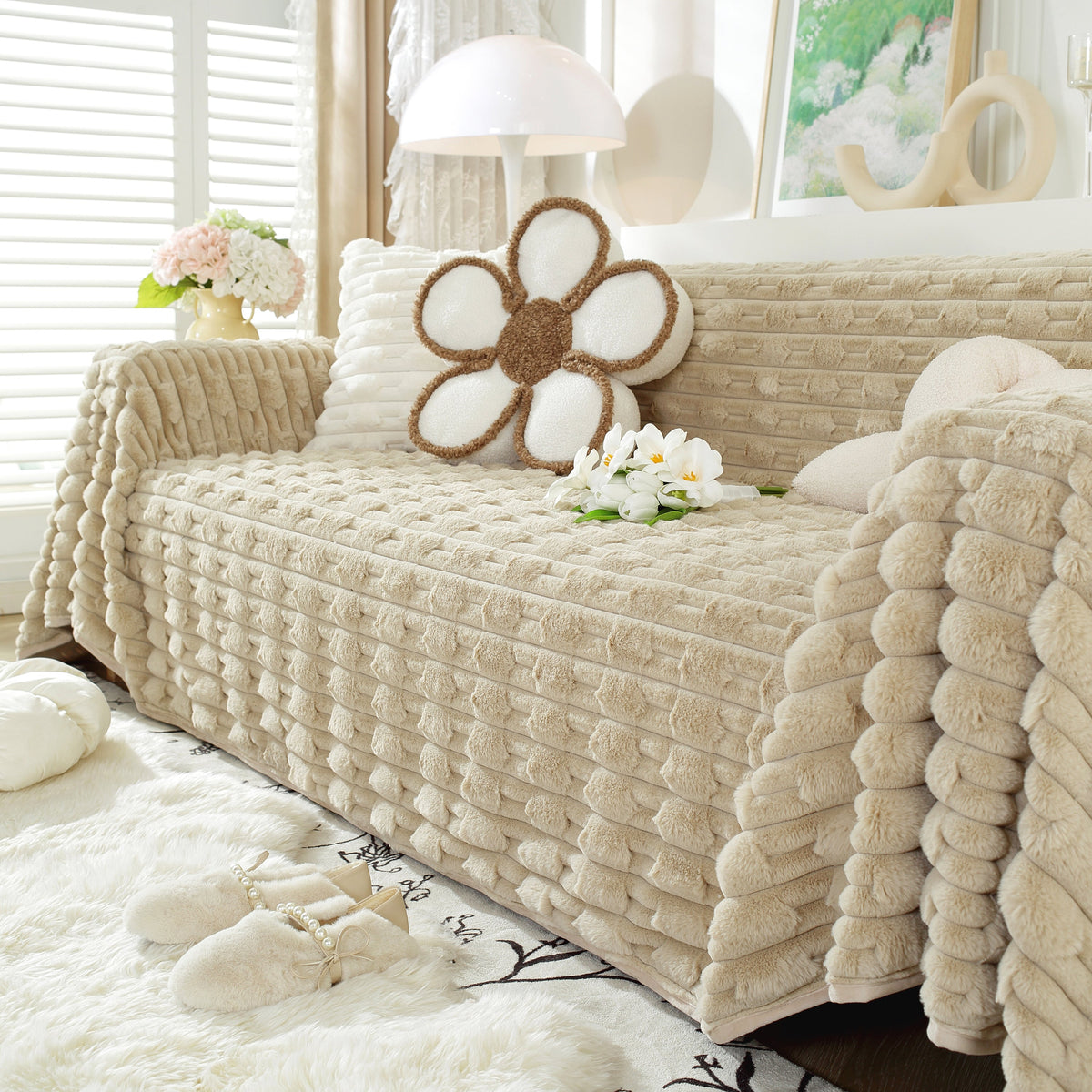Fluffy Faux Fur Couch Cover Plush Sofa Throw, Warm & Stylish Sofa Protector