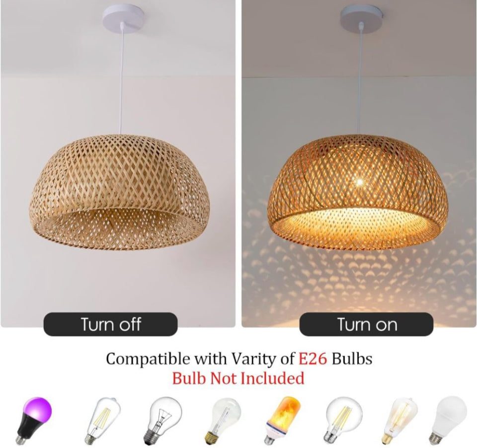 Teru Ji Kaikang Hand Woven Bamboo Pendant Light, 17.7"Bamboo Rattan Ceiling Hanging Light, for Living Room Kitchen Dining Room Farmhouse