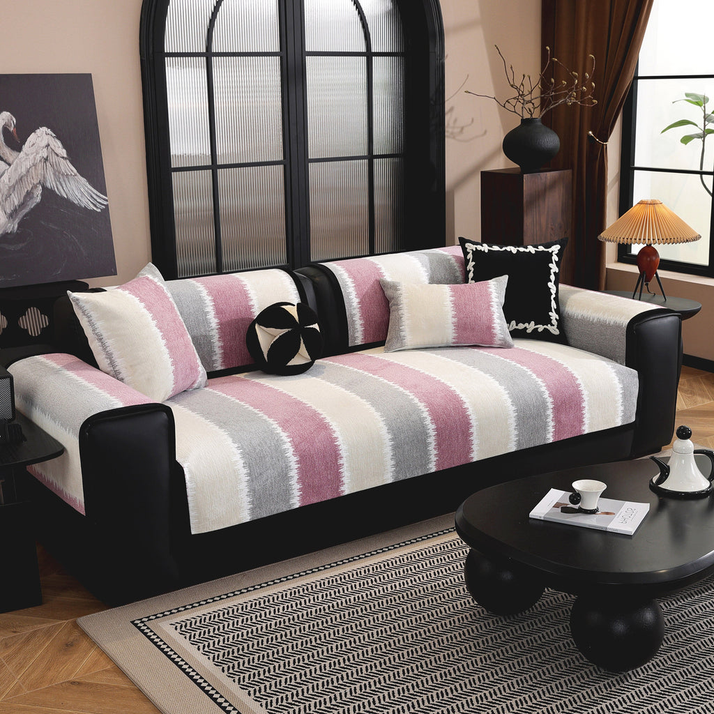 Striped Colorblock Non-Slip Sectional Couch Covers, Chenille Sofa Protector Cover