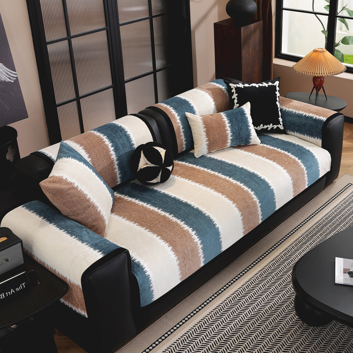 Striped Colorblock Non-Slip Sectional Couch Covers, Chenille Sofa Protector Cover
