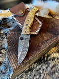 Custom Handmade Damascus Steel Folding Pocket Knife with Hand Engraved Brass Handle