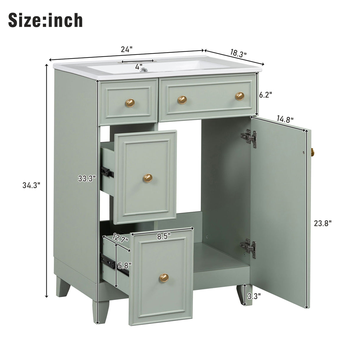 Transitional Style Bathroom Vanity Cabinet With Ceramic Sink