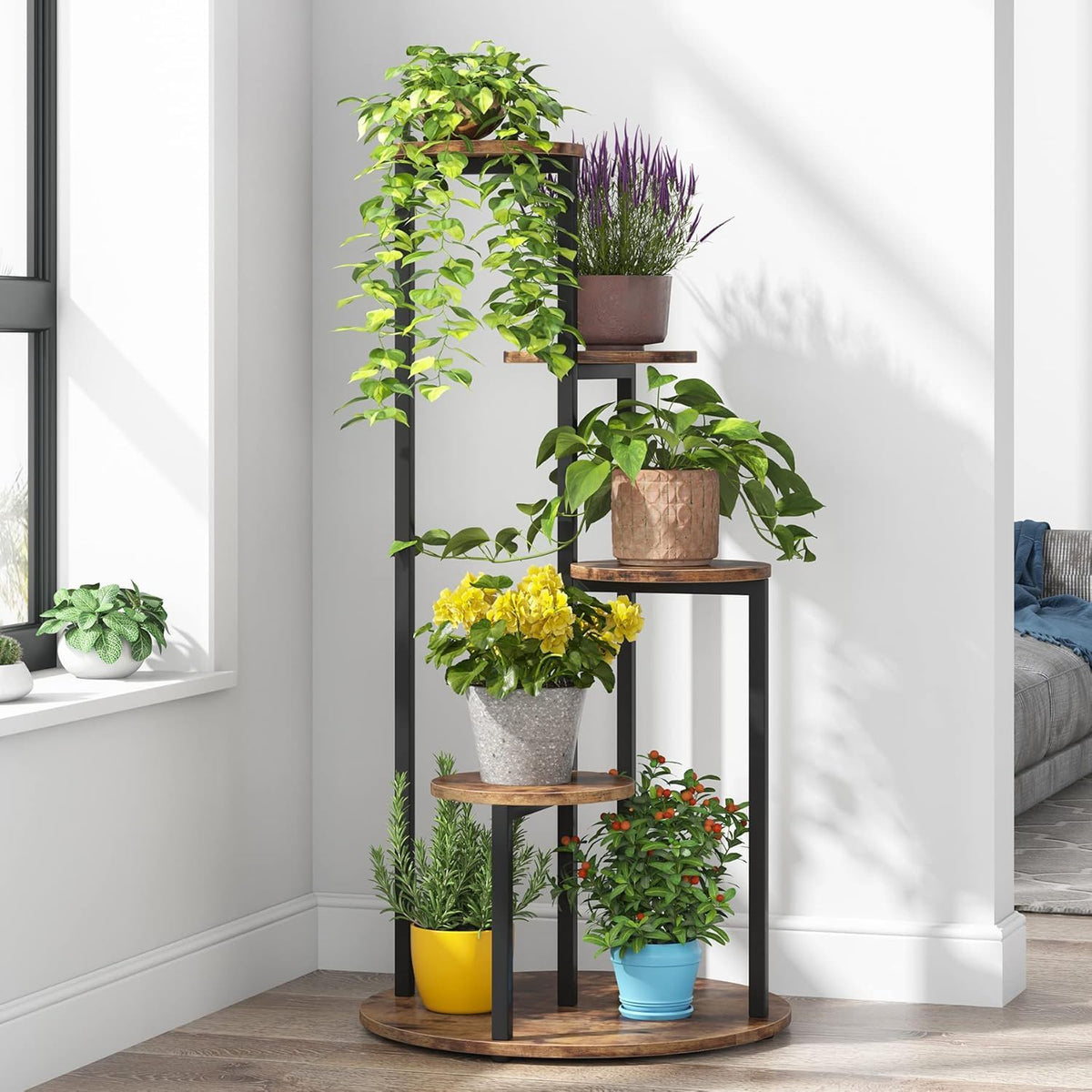 4 Tier Corner Plant Stand For Balcony, Garden & Patio - Rustic Brown