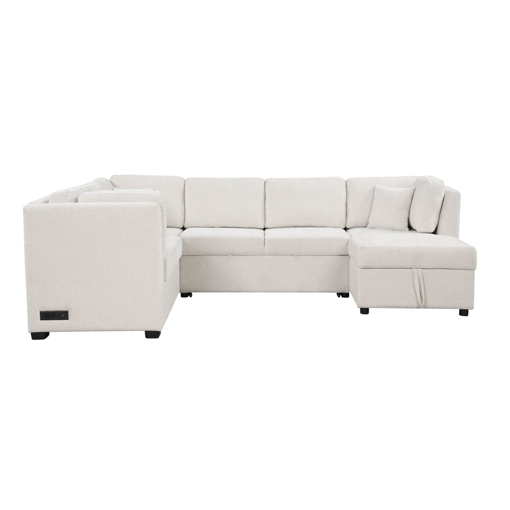 U-Shaped Sectional Sofa Pull Out Sofa Bed With Two USB Ports, Two Power Sockets, Three Back Pillows And A Storage Chaise For Living Room