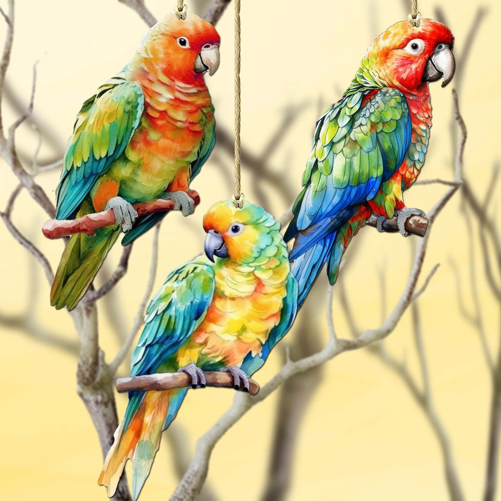 Parrots Decorative Wooden Ornaments of 3 by G. Debrekht - Wildlife Decor - 8091013-S3