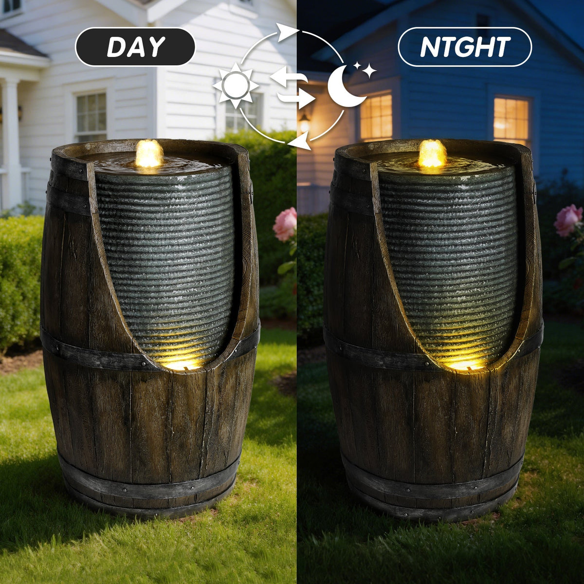 Wooden Barrel Style Outdoor Water Fountain with Lights