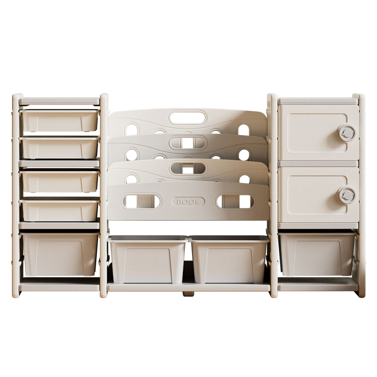 Kids Toy Storage Organizer With 8 Removable Toy Bins, 4 Tier Bookshelf, And 2 Cabinet Storage - Gray / Ivory