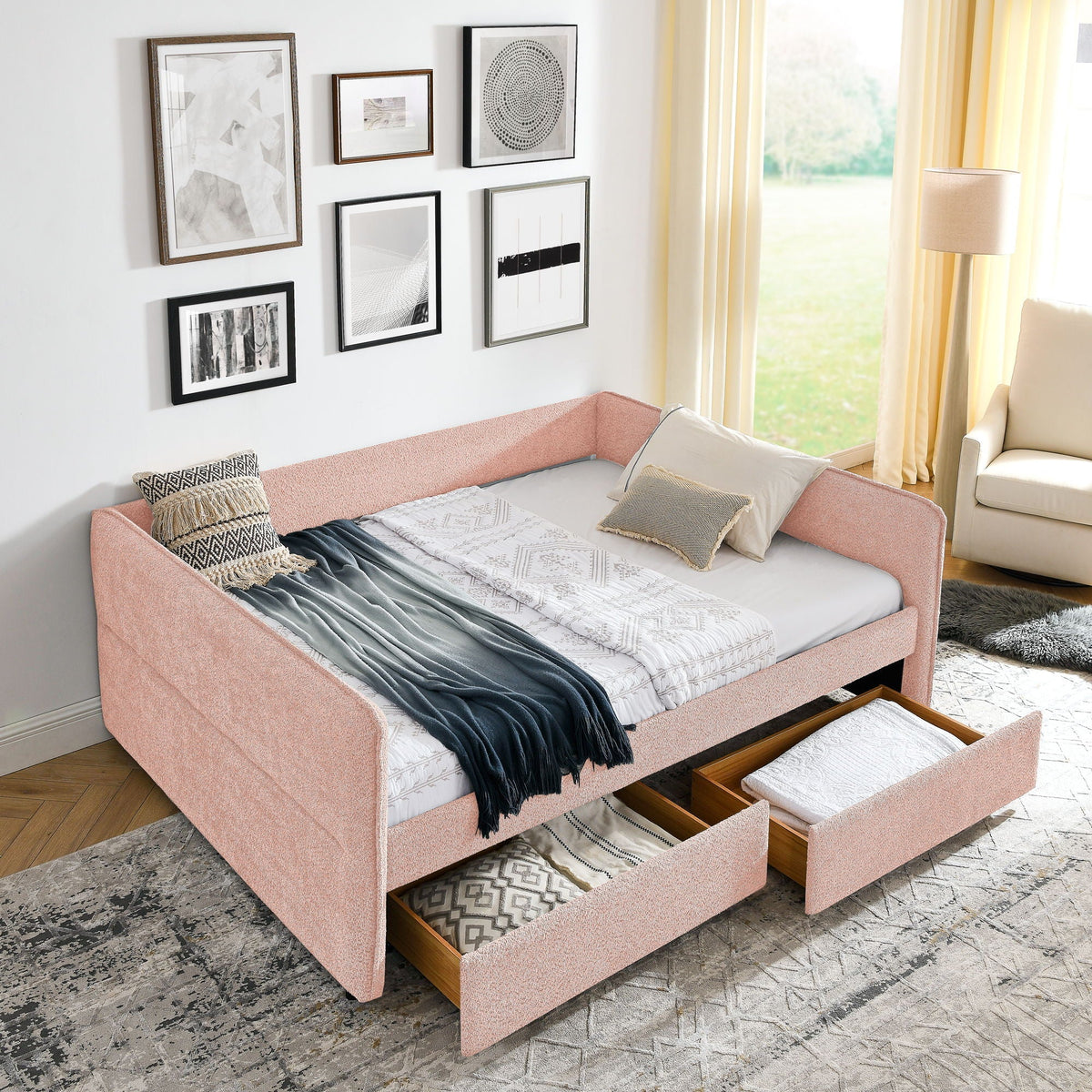 Upholstered Daybed & 2 Drawers