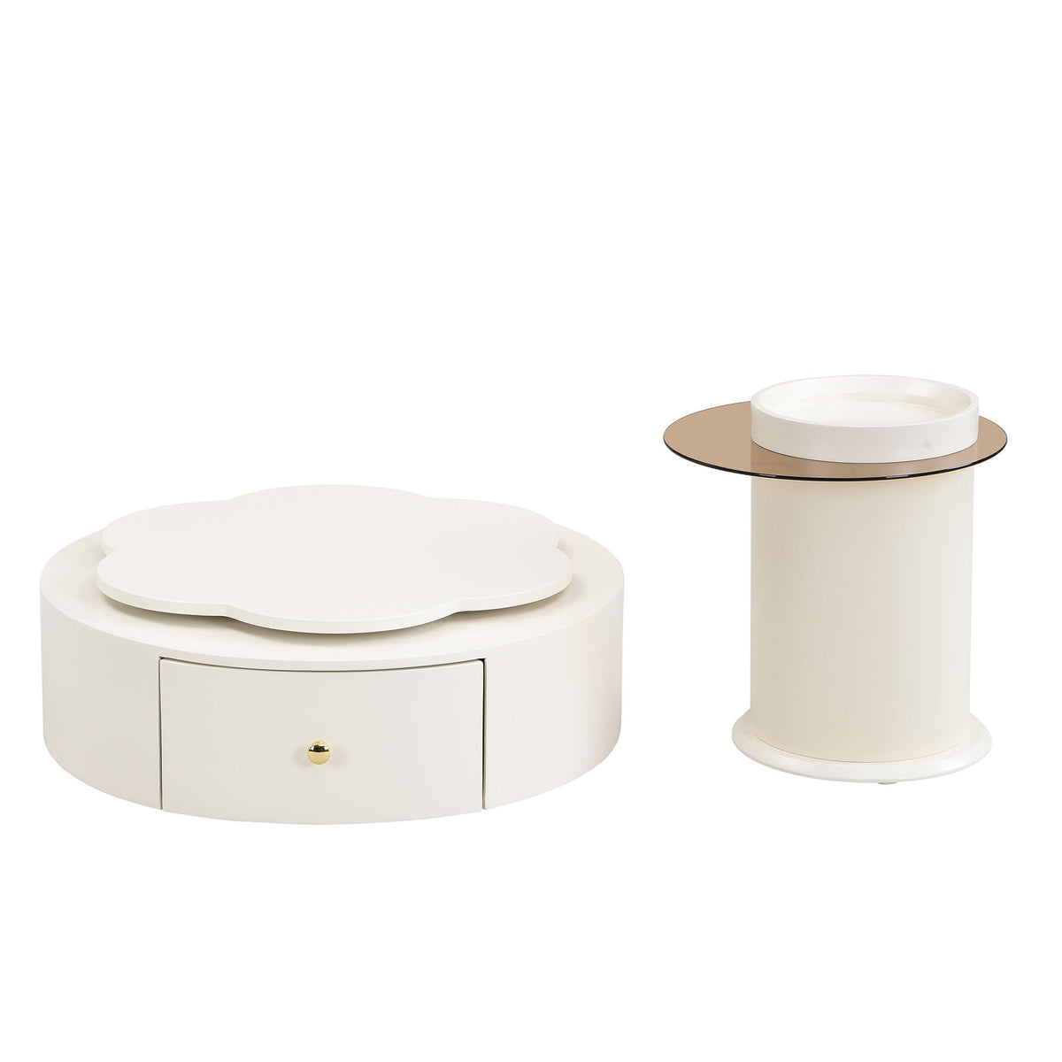 Modern Round Coffee Table (Set of 2), 360 Degree Rotatable Flower Shaped Top With 2 Drawers, Top Circle Side Table End Table With Glass For Living Room - Off White
