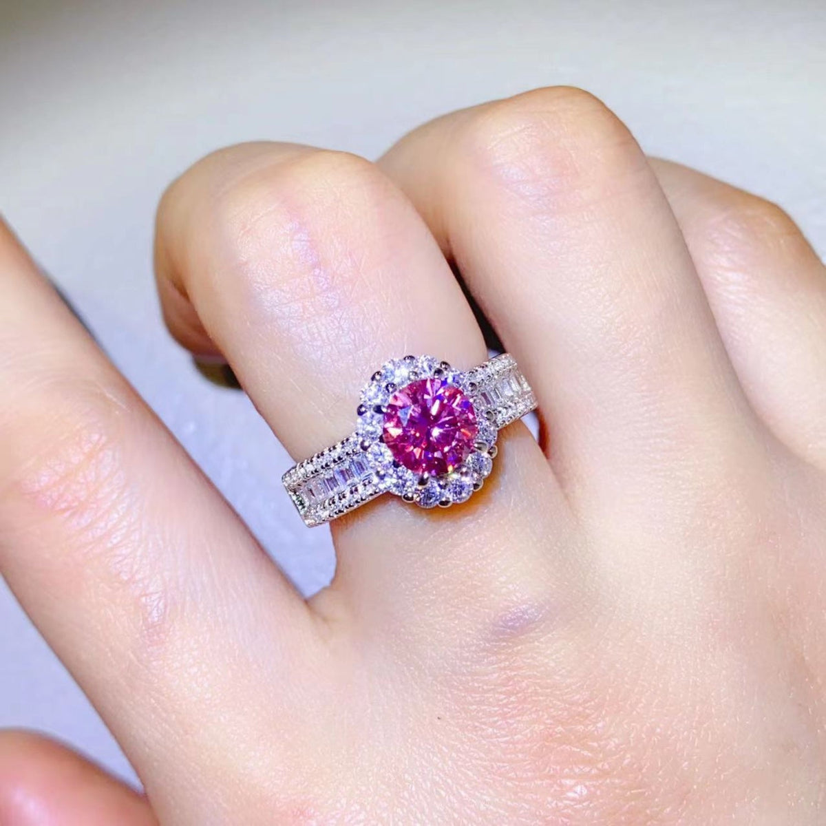 1 Carat Fuschia Red Sparkala™ Pure Sterling Silver Halo Ring