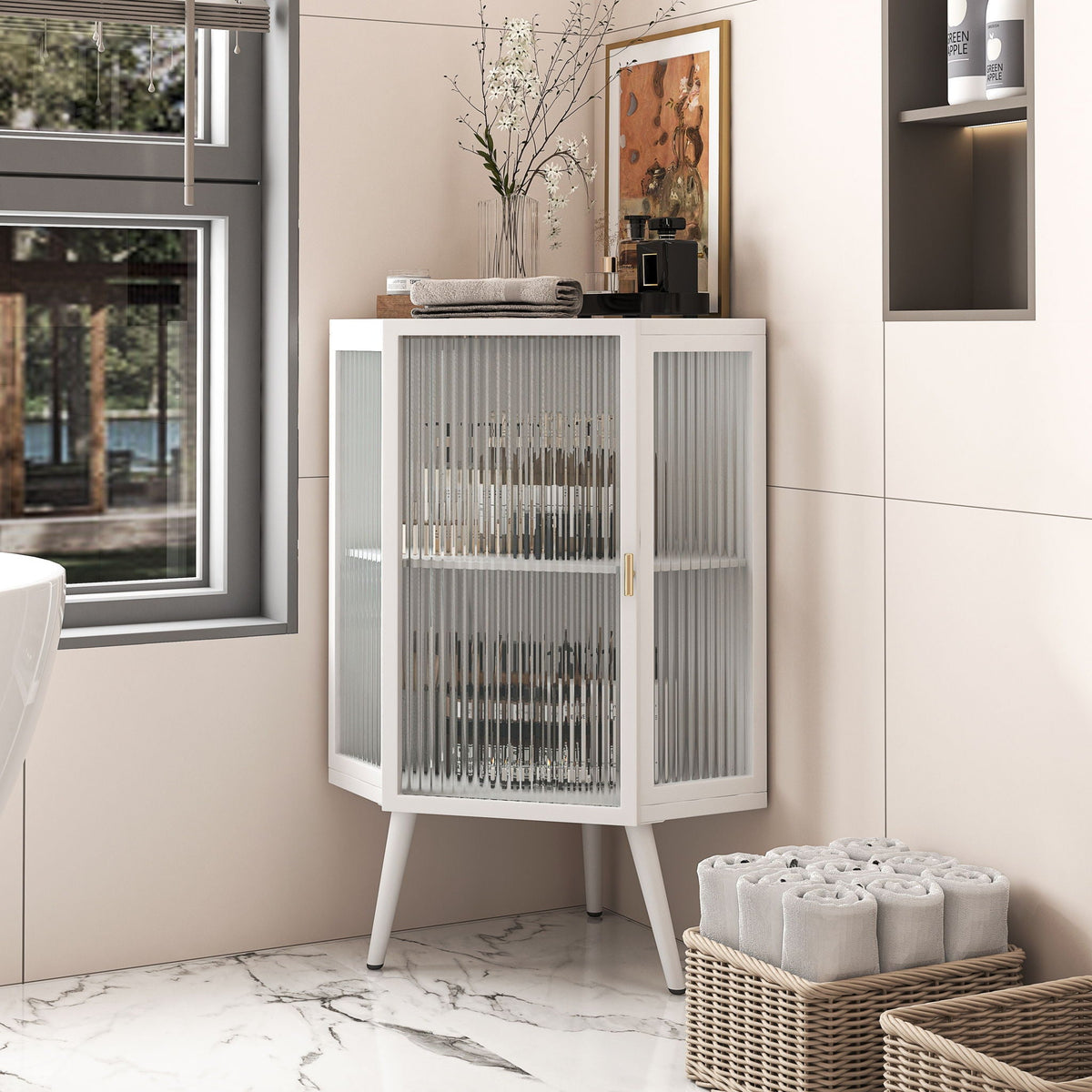 Corner Cabinet With Door And Shelves For Bathroom - White