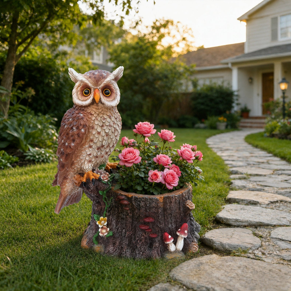 Sitting Owl with Tree Trunk Garden Planter