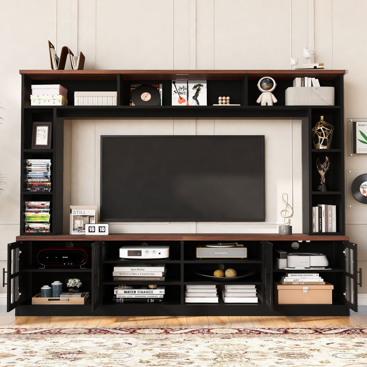 Wall Unit Entertainment Center With Bookshelves For TVs Up To 80", Tempered Glass Doors And Adjustable Shelves