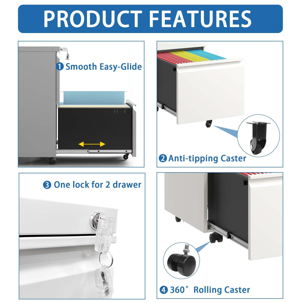 Metal Drawer Mobile File Cabinet With Lock For Home Office Organizer