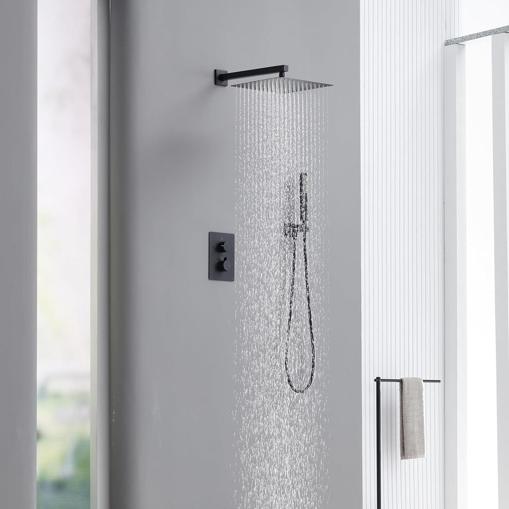 TRUSTMI Thermostatic Shower System Set Matte Black, 3-Way Push Button Diverter Brass Wall Mount Ceiling Shower Faucet Complete with16 Inch 2 Modes Wat