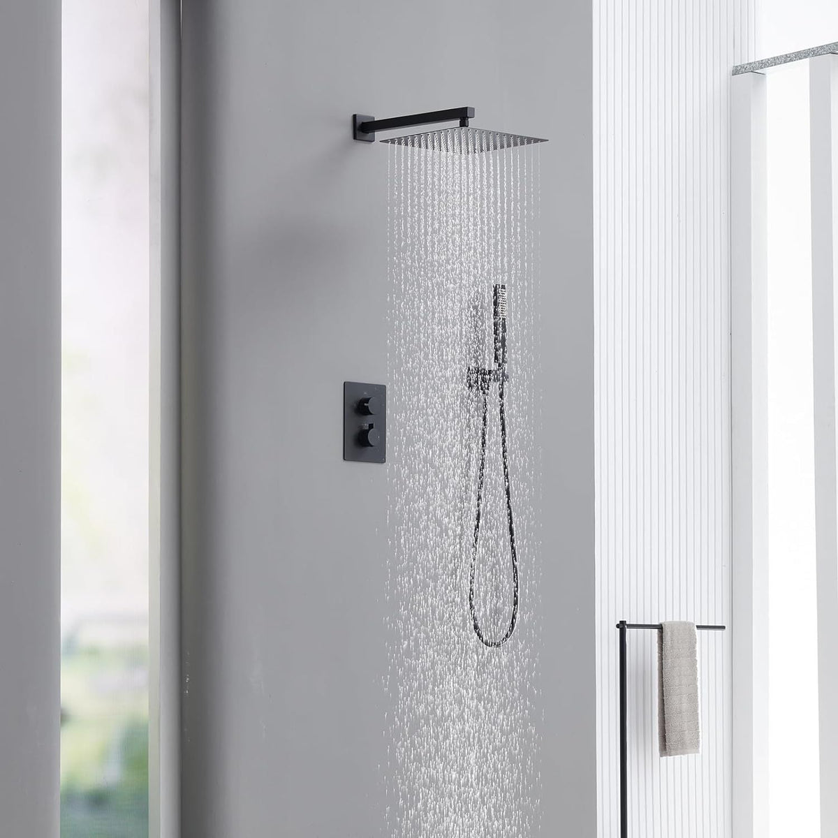 TRUSTMI Thermostatic Shower System Set Matte Black, 3-Way Push Button Diverter Brass Wall Mount Ceiling Shower Faucet Complete with16 Inch 2 Modes Wat