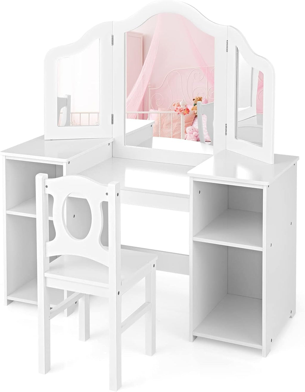 Kids Vanity, 2 in 1 Princess Makeup Desk & Chair Set with Tri-Folding Detachable Mirror, Large Storage Shelves, Wooden Pretend Play Dressing Table for Girls