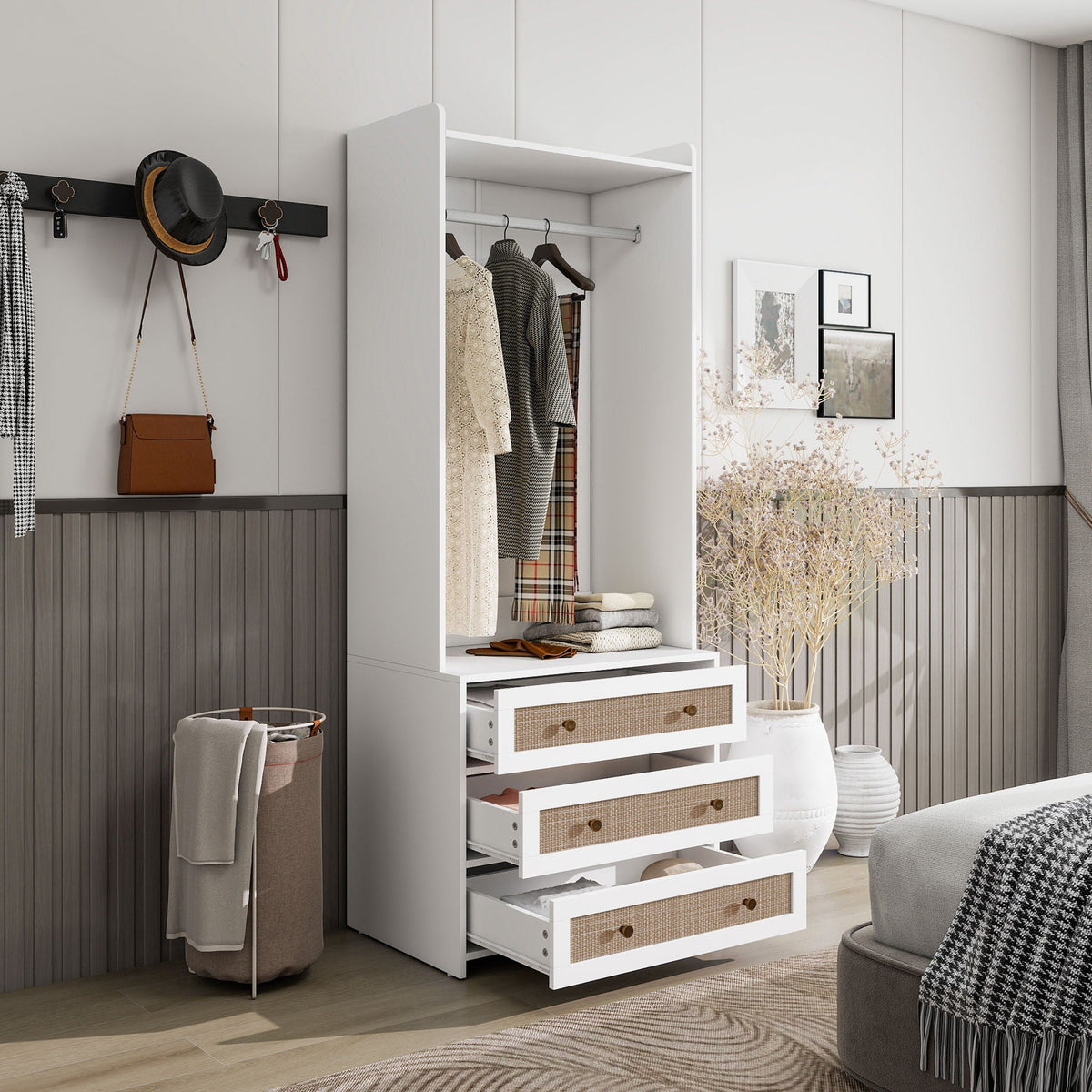 Wardrobe With 3 Drawers High Wardrobe Armoire With Rattan For Living Room Organizer - White