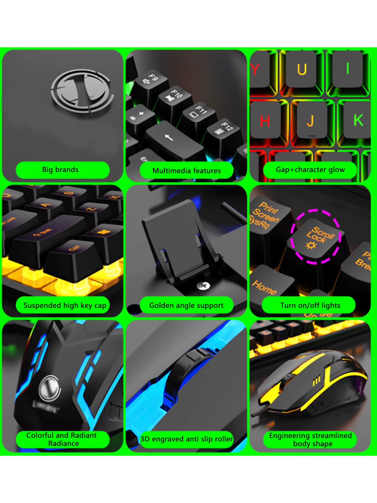 Colorful and Dazzlingly Glowing Gaming Mechanical Wired Keyboard and Mouse Set, Suitable for Desktop Computers and Laptops