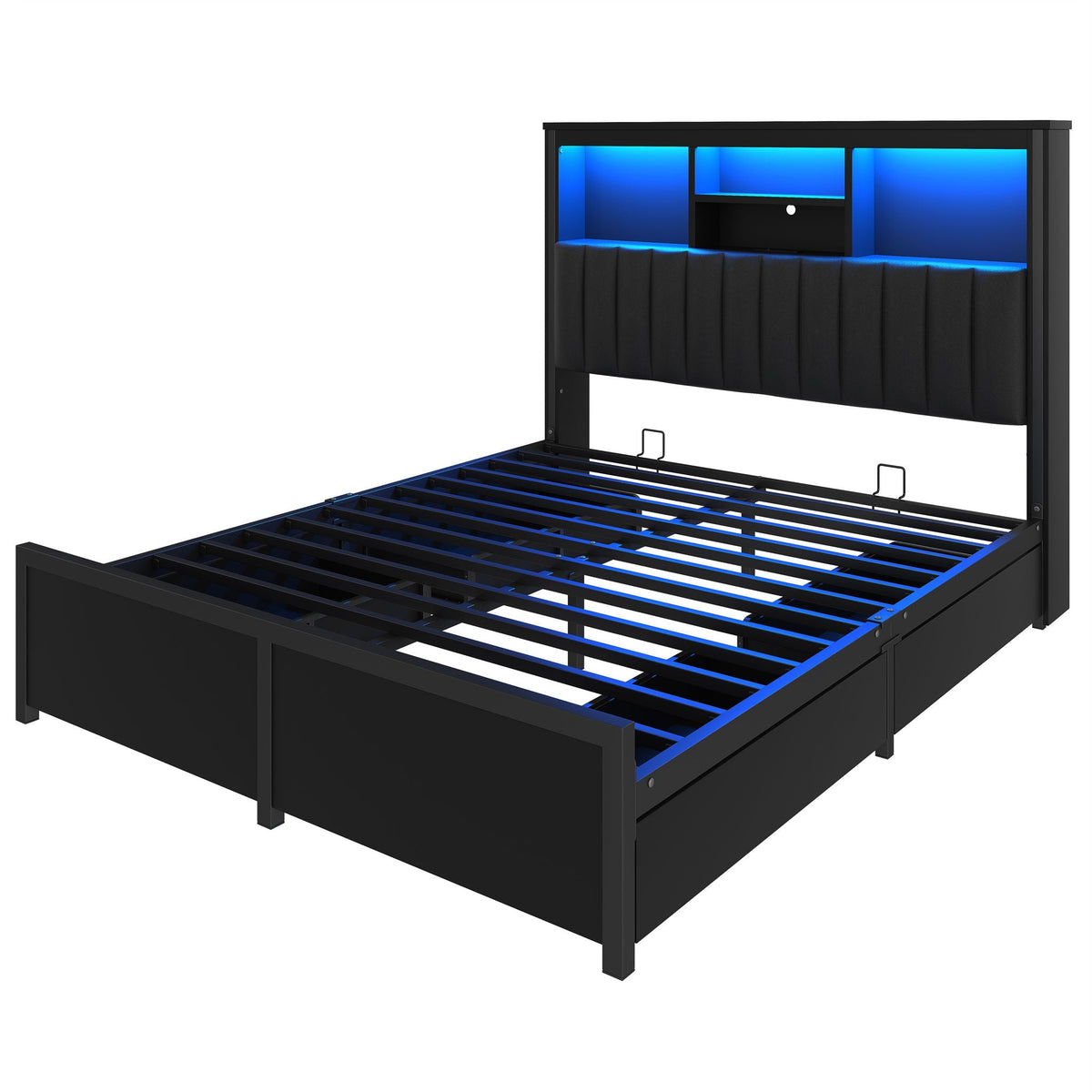 Bed Frame With High Storage Headboard, LED Light And Charging Station, 4 Storage Drawers