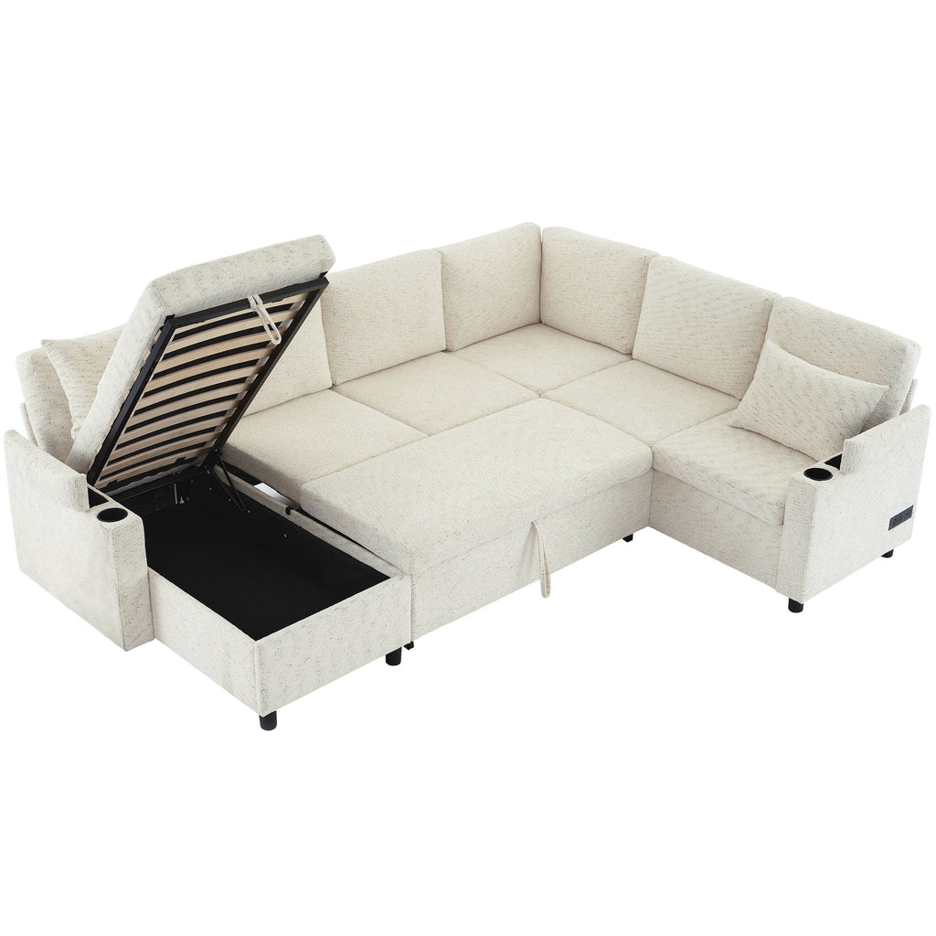 U-Shaped Sectional Sleeper Sofa With Ample Storage Space, 2 Cup Holders And Charging Ports For Living Room