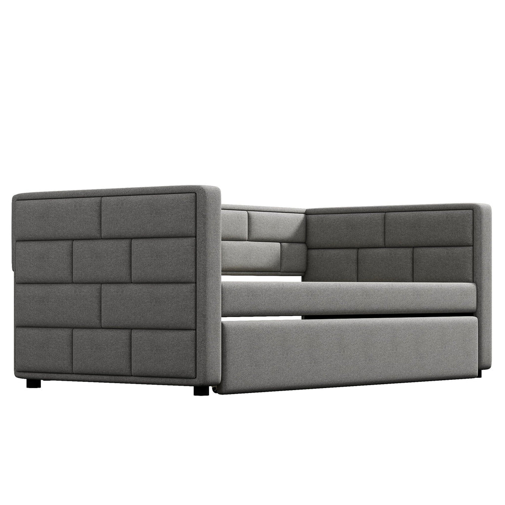 Upholstered Twin Size Daybed With Trundle, Padded Back And Sides - Gray
