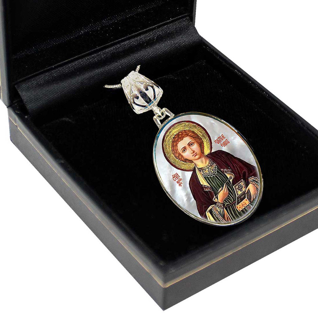 Saint Panteleimon Silver Plated Mother of Pearl Necklace - 43023