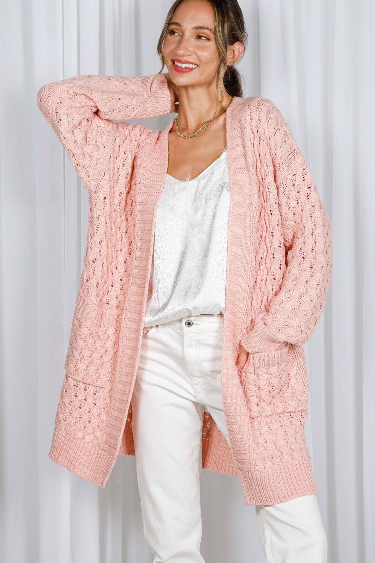 Frances-Patch Pocket Textured Crochet Knitted Cardigan